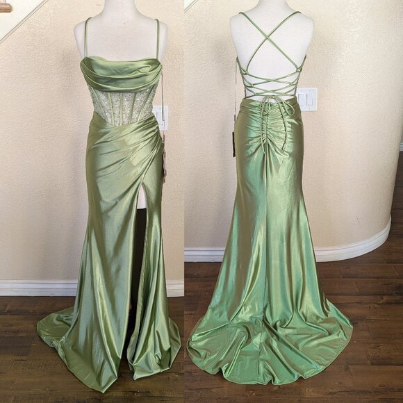 Sage Green Sequined Corset Satin Long Formal Prom Wedding Evening Dress 2 - Picture 3 of 4